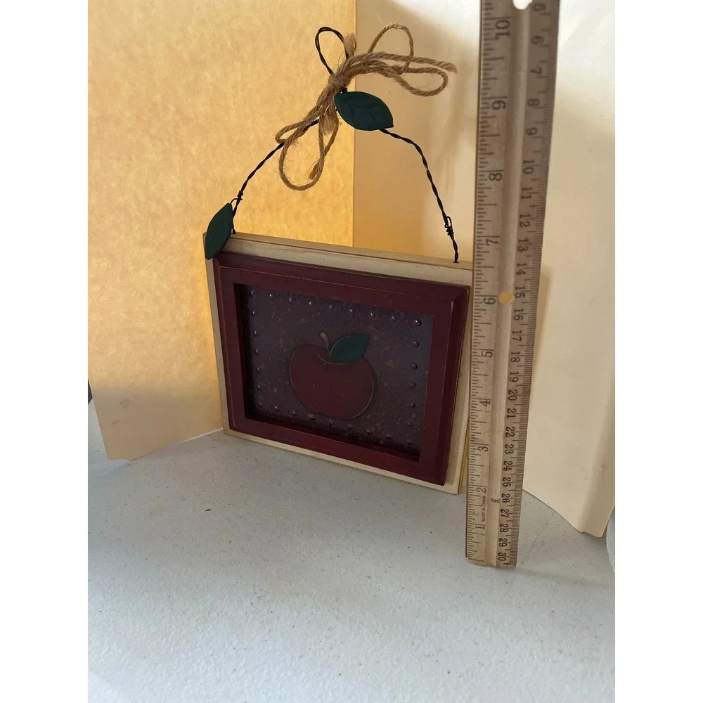 Rustic Primitive Apple Wall Decor Punched Tin Metal Wood Farmhouse Art 6x6